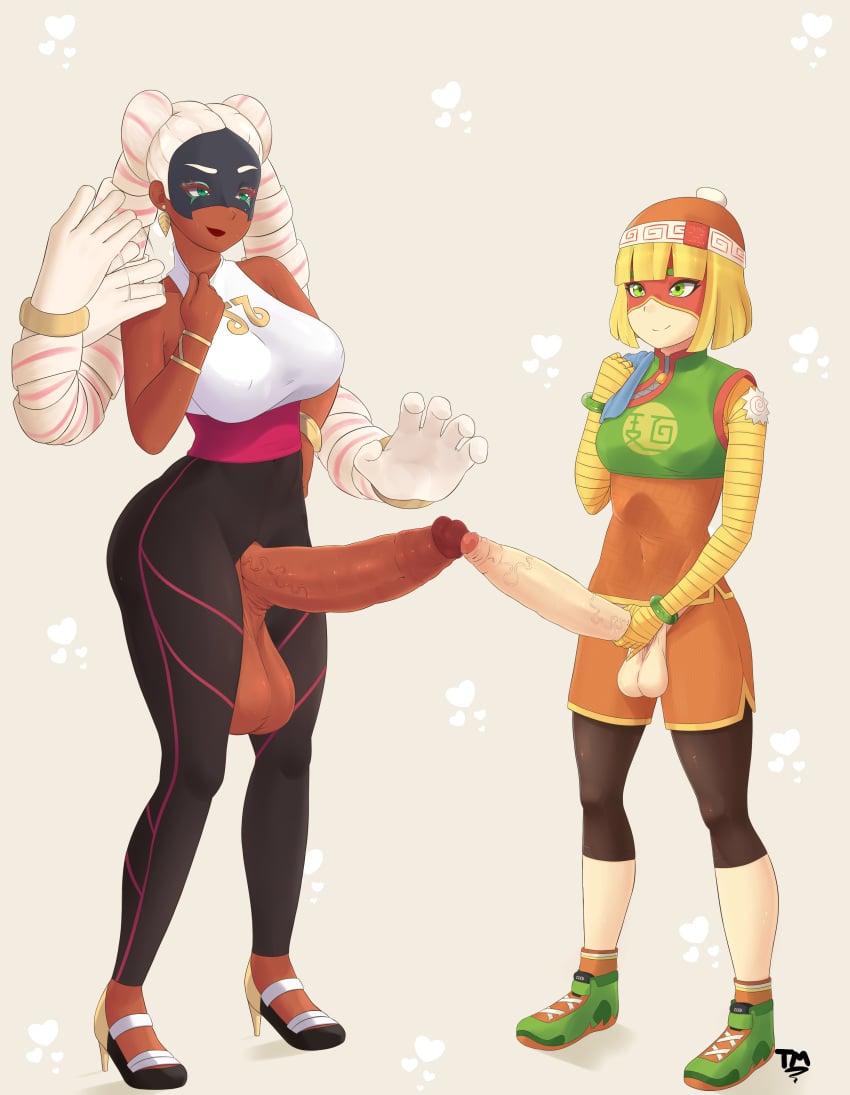 2futas arms_(game) balls big_balls big_breasts big_butt big_penis blonde_hair bracelet breasts circumcised clothed dark-skinned_futanari dark_skin docking fanart frottage futa_only futanari green_eyes hand_on_hip hand_on_penis huge_balls huge_cock large_breasts long_penis mask min_min_(arms) nintendo penis penis_size_difference penises_touching simple_background size_difference smile sweat symmetry taylormoon turquoise_eyes twintails twintelle uncut veiny_penis white_hair