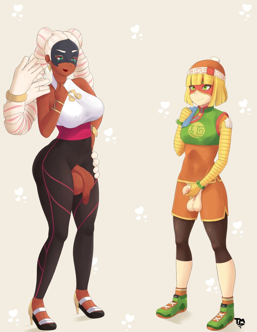 2futas arms_(game) balls big_balls big_breasts big_butt big_penis blonde_hair bracelet breasts circumcised clothed dark-skinned_futanari dark_skin fanart flaccid foreskin frottage futa_only futanari green_eyes hand_on_hip hand_on_penis high_heels huge_balls huge_cock large_breasts mask min_min_(arms) nintendo penis penis_size_difference simple_background smile standing sweat symmetry taylormoon testicles tight_clothing turquoise_eyes twintails twintelle uncut white_hair wide_hips