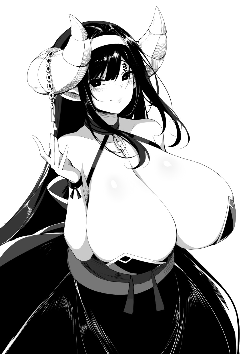 big_breasts big_horns black_eyes black_hair blush breasts chixiao cleavage convenient_censoring covered_nipples curved_horns dark_hair demon_girl dragon_horns dress female full_cleavage greyscale hair_ornament hairband horns huge_breasts line_art long_breasts long_hair monochrome nipple_covers original original_character ridged_horns shiny_hair simple_background smile smiling solo straight_hair tattoo white_background