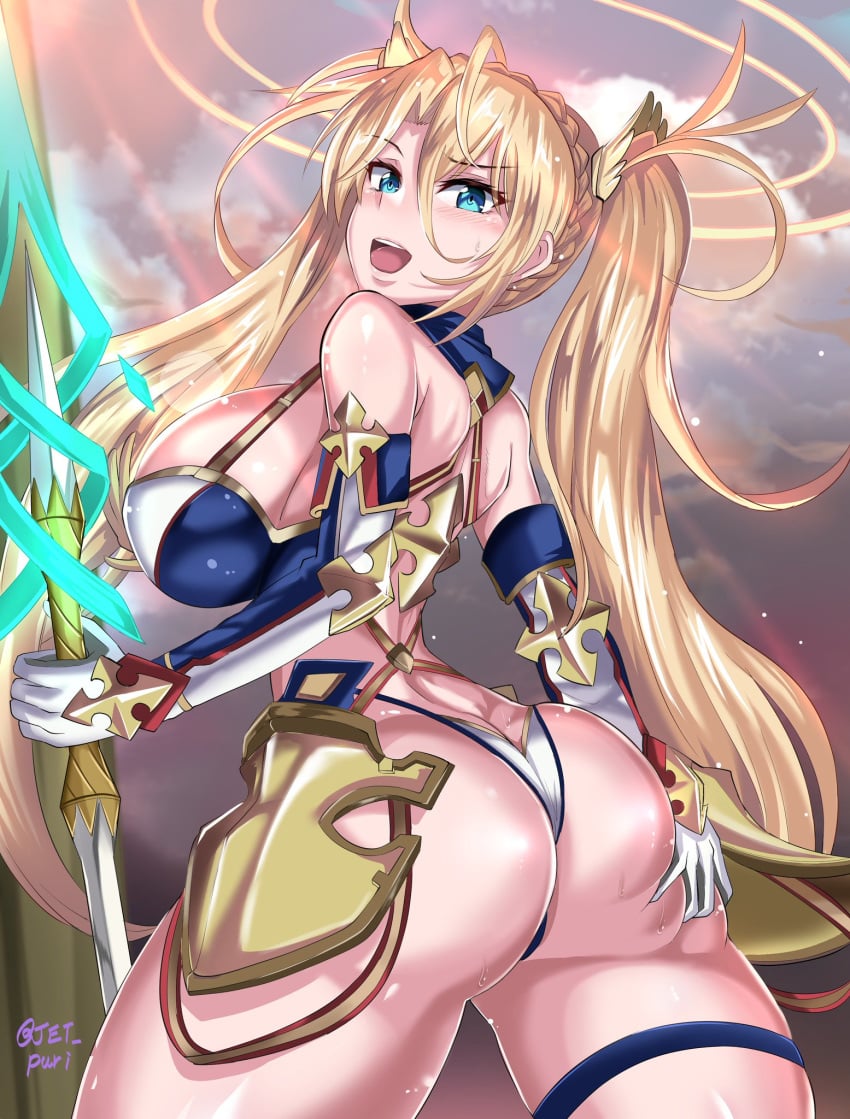 1girls ass ass_grab back big_ass bikini_armor blonde_hair blue_eyes blush bradamante_(fate) bubble_butt fate/grand_order fate_(series) female gloves holding huge_ass huge_breasts jet_puri lancer large_breasts long_hair looking_at_viewer revealing_clothes sideboob smile source_request text thick_thighs thigh_gap thong twintails watermark wide_hips