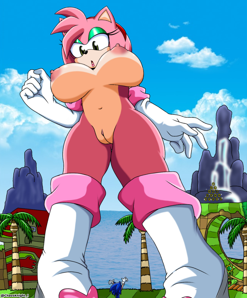 1boy 1girls alternate_breast_size amy_rose amy_the_bat areolae big_eyes boots breasts chaosknight_1 cosplay eulipotyphlan exposed_torso eyelashes footwear furry giantess gloves green_hill_zone hair_over_one_eye half-closed_eyes handwear hedgehog hi_res humanoid larger_female looking_at_viewer macro mammal nipples outdoors pussy rouge_the_bat_(cosplay) size_difference smaller_male sonic_(series) sonic_the_hedgehog sonic_the_hedgehog_(series) text watermark