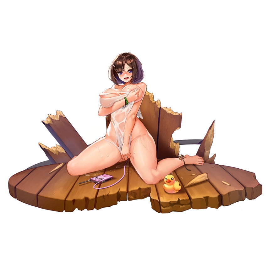 anklet armlet arnseo blush breasts cg female highres jewelry large_breasts last_origin naked_towel nipples nude rubber_duck short_hair talon_feather_(last_origin) towel