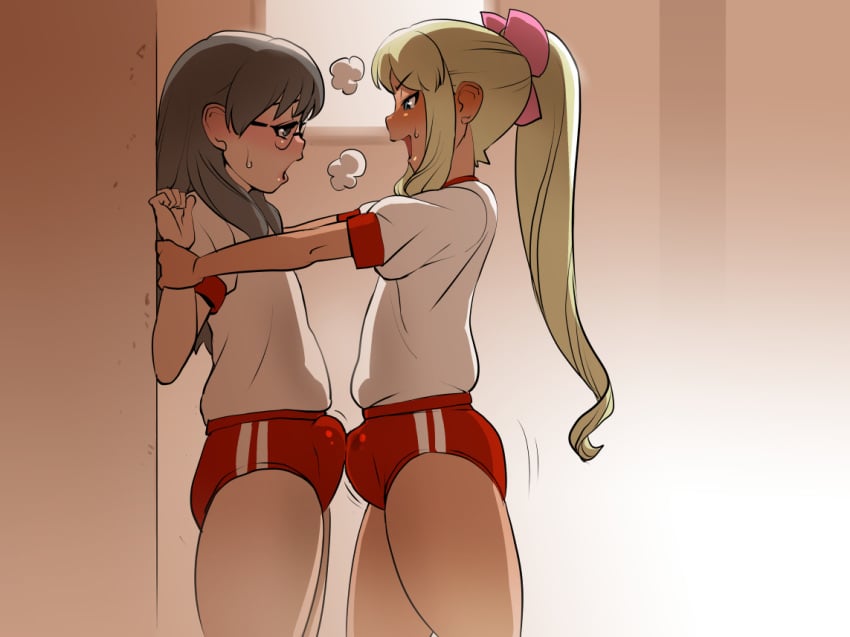 2boys :d black_hair blonde_hair blue_eyes blush bulge buruma crossdressing dark-skinned_femboy dark-skinned_male dark_skin doomcomic femboy femboy_on_femboy frottage frottage_through_clothing glasses gym_uniform heavy_breathing josou_seme long_hair male_focus multiple_boys multiple_penises open_mouth original penguindou penis penises_touching smile sweat trap trap_on_trap yaoi