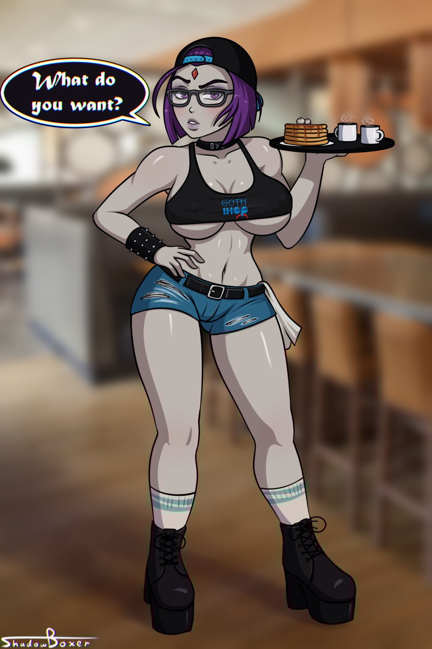 1girls absurdres backwards_baseball_cap big_breasts bob_cut boots breasts cafe cap choker cleavage clothing dc dc_comics english_text eyewear female female_only footwear glasses goth goth_ihop grey_skin hand_on_hip hat headwear highres ihop large_breasts looking_at_viewer neckwear platform_boots public purple_eyes purple_hair raven_(dc) restaurant serving_tray shadowboxer short_hair short_shorts shorts solo speech_bubble tank_top teen_titans text tray underboob waitress
