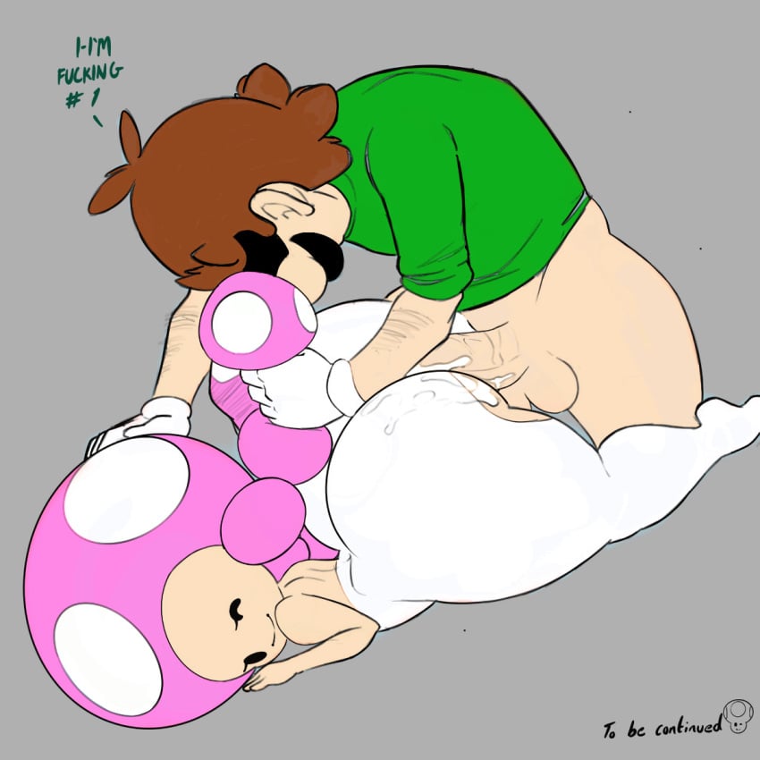 1boy 1girls ass balls big_ass bottomless clothing color_edit colored cum cum_inside curvy edit edited english_text female gloves grey_background hair_grab hair_pull huge_ass large_ass long_sleeves looking_at_another looking_back luigi lyn_nyl male mario_(series) moustache nintendo one_eye_closed pants penis sex shirt shortstack simple_background smile testicles text thick thick_thighs thighs toadette topless twintails wide_hips wink