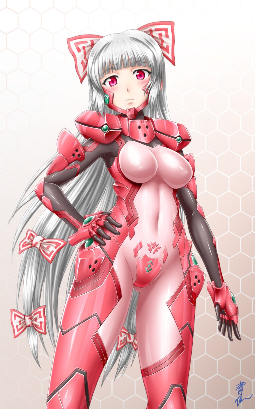 alternate_costume bodysuit bow breasts cosplay covered_navel female fujiwara_no_mokou hair_ribbon hairbow hand_on_hip highres large_breasts long_hair looking_at_viewer muv-luv muv-luv_alternative ozame_takao pink_eyes ribbon silver_hair solo touhou tress_ribbon very_long_hair