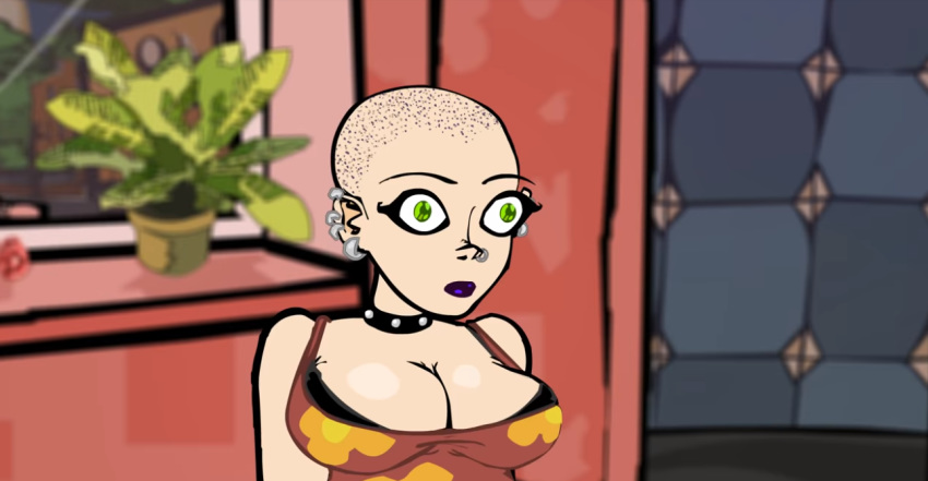 bald big_breasts cleavage germaine_endez green_eyes neurotically_yours piercing screencap