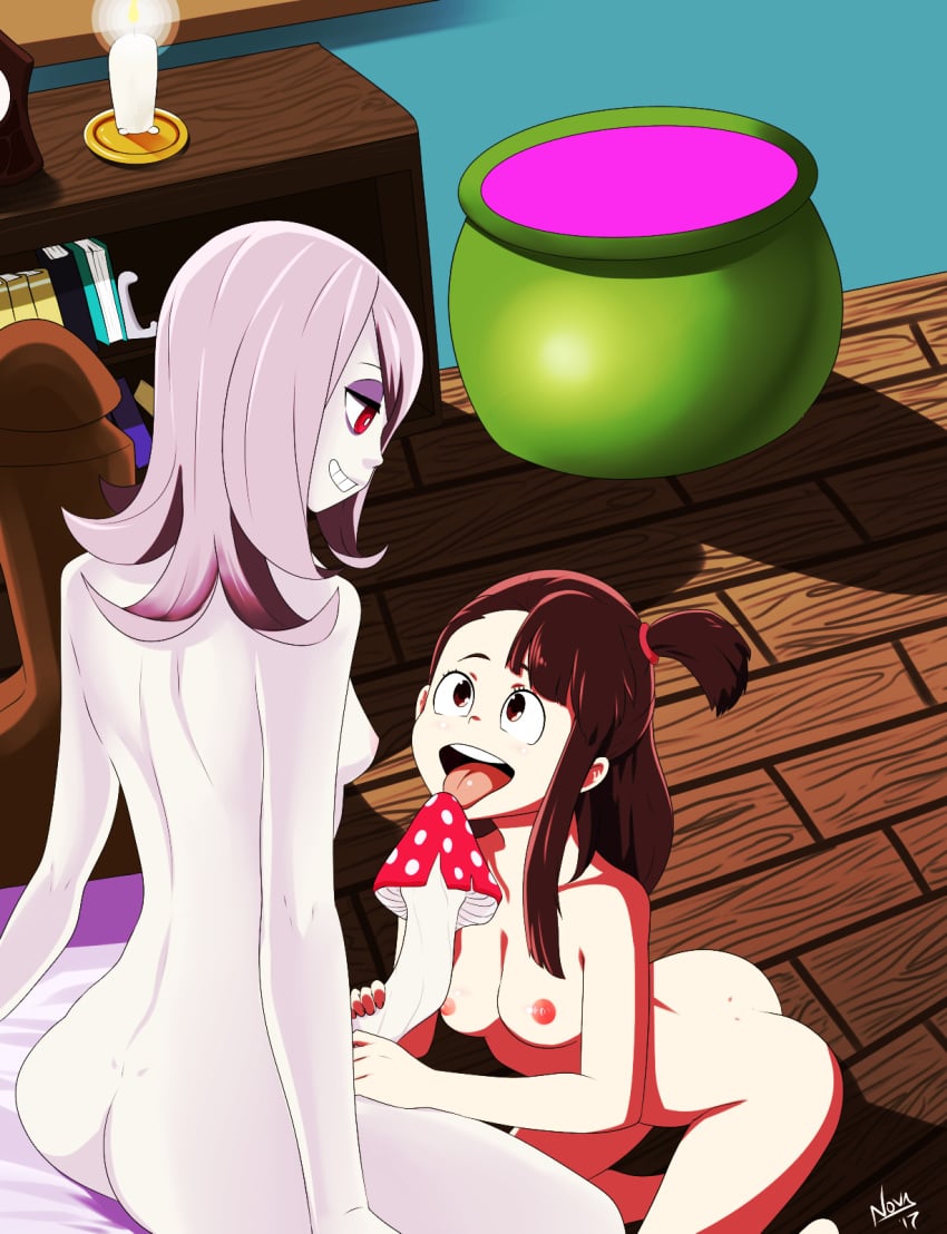 2girls akko_kagari blowjob little_witch_academia multiple_girls mushroom_penis on_knees scorchingnova sucy_manbavaran yuri