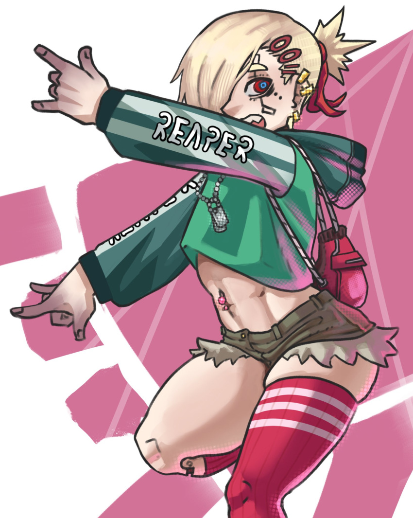 backpack belly_button_piercing blonde_hair crop_top dog_tag hair_pin hoodie hotpants incinerated_art one_stocking original_character sharp_teeth thick_thighs thighhighs thighs tied_hair