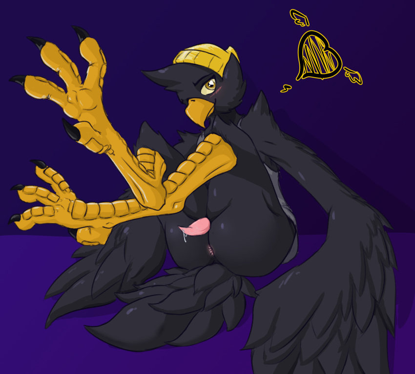 4_toes anisodactyl anus ass avian beak beanie bird bird_feet blush clothing corvid father_hill feathers foot_focus genitals hat headgear headwear heart hi_res leaking_pre male male_only nude penis presenting tapering_penis toes wings yellow_sclera