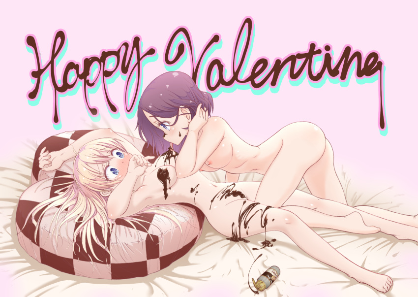 2girls akairi_bon back bed_sheet blonde_hair blue_eyes blush chocolate chocolate_on_body chocolate_on_breasts covered_mouth female female_only hair_tucking happy_valentine heart heart_pillow highres human licking long_hair lying multiple_girls naked_chocolate new_game! nipple_licking nude pillow pink_background purple_hair short_hair simple_background tooyama_rin valentine yagami_kou yuri