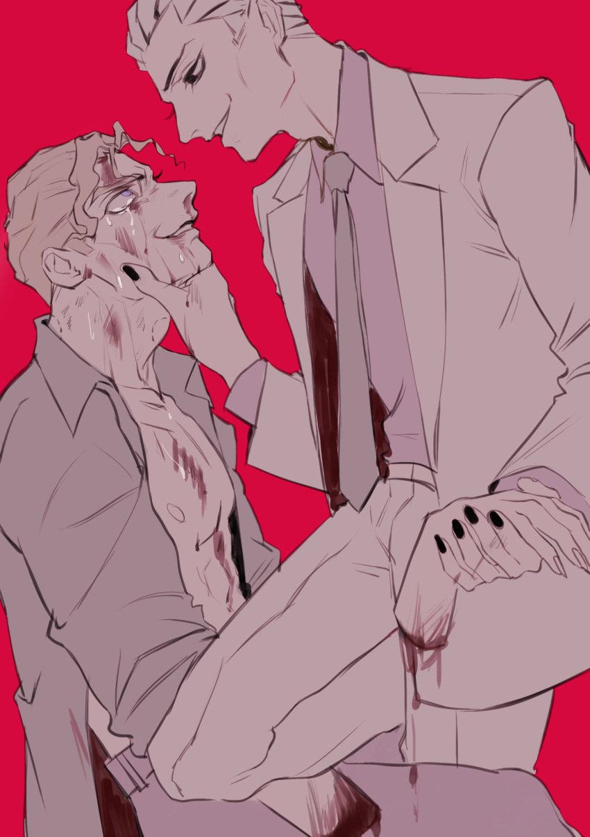 2boys bite_mark bite_marks black_eyes black_nails blood crying diamond_is_unbreakable dress_shirt dress_suit gay guro hand holding_face holding_hand human human_only jojo's_bizarre_adventure kari_yoshikage kosaku_kawajiri male male_only open_shirt purple_eyes selfcest severed_hand suit tears yaoi yoshikage_kira