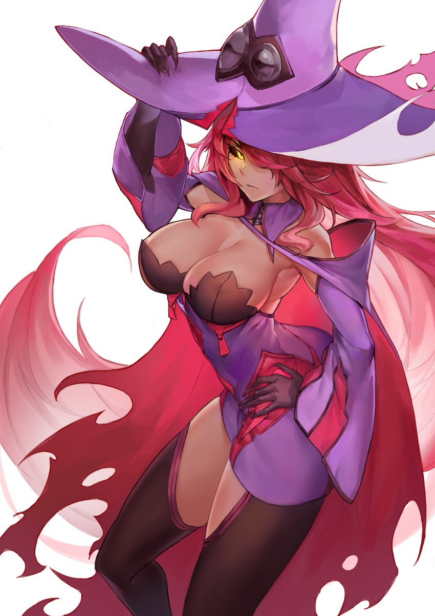 1girls absurdres angry atorosu auburn_hair bangs bare_shoulders black_sclera blazblue claws clothed clothed_female clothes clothing collar detached_collar detached_sleeves elbow_gloves evil_eyes female female_focus female_only gloves hair_over_one_eye hand_on_hip hat highres konoe_a_mercury large_breasts long_hair looking_at_viewer messy_hair milf nine_the_phantom nipple_covers pink_hair plain_background raised_arm sharp_fingernails shiny_skin simple_background slit_pupils solo solo_female solo_focus standing white_background witch witch_hat yellow_eyes