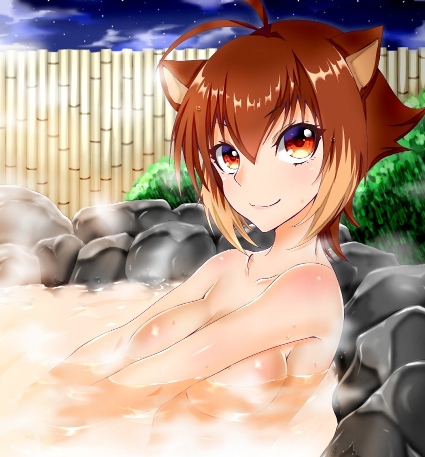 1girls ahoge animal_ears bath bathing big_eyes blazblue blush brown_hair chuka covering covering_breasts double_ahoge huge_breasts makoto_nanaya nude short_hair solo squirrel_ears wet