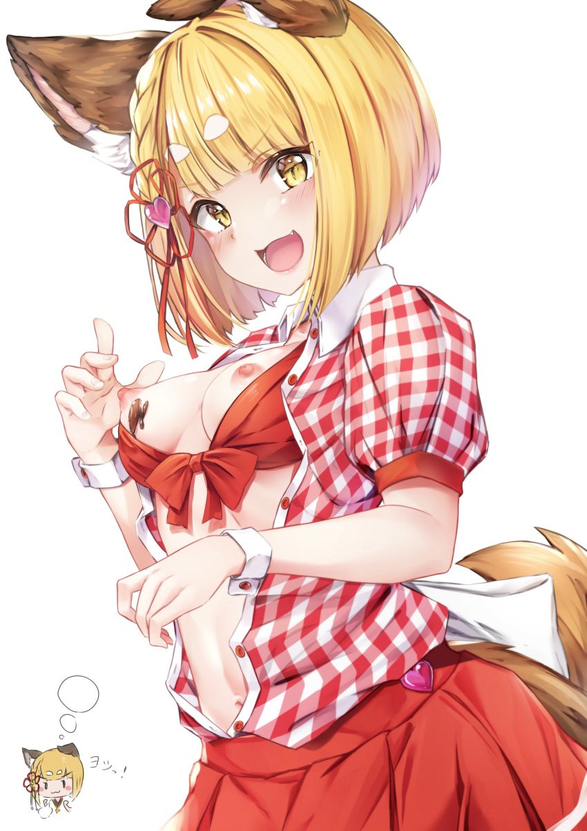 :d absurdres alternate_costume animal_ears bangs blonde_hair blunt_bangs blush braid breasts chocolate chocolate_on_breasts commentary_request dog_ears dog_tail erune eyebrows_visible_through_hair female granblue_fantasy hair_ornament heart heart_hair_ornament highres hyouta_(yoneya) imagining lips looking_at_viewer navel nipples oerba_yun_fang open_clothes open_mouth open_shirt plaid plaid_skirt puffy_short_sleeves puffy_sleeves red_shirt red_skirt shirt short_hair short_sleeves simple_background skirt smile tail upper_body vajra_(granblue_fantasy) valentine white_background wrist_cuffs yellow_eyes