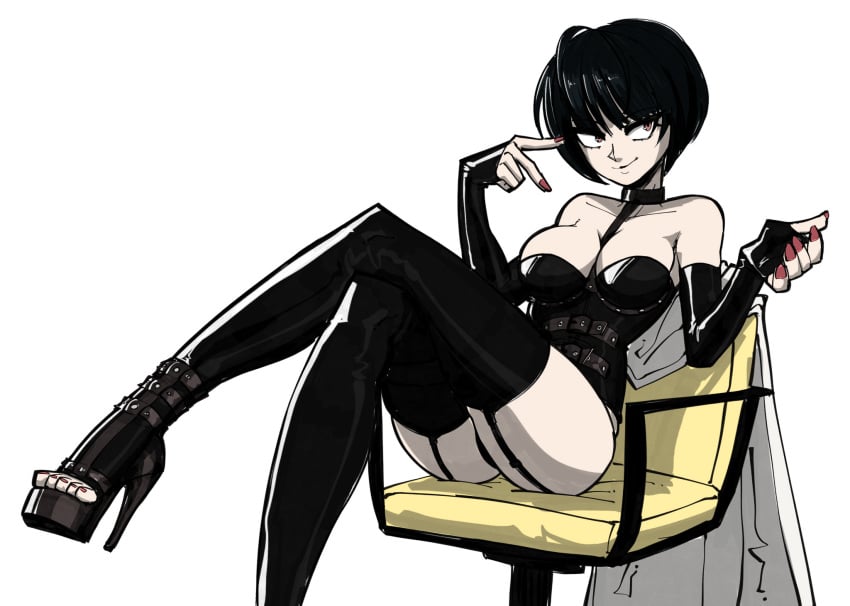 black_hair boots breasts cleavage dominatrix edit elbow_gloves female fingerless_gloves garter_belt gingrjoke gloves goth high_heel_boots high_heels highres nail_polish open_toe_shoes painted_nails painted_toenails persona persona_5 platform_boots platform_footwear platform_heels red_nail_polish red_nails red_toenail_polish red_toenails short_hair simple_background tae_takemi thighhighs toenail_polish