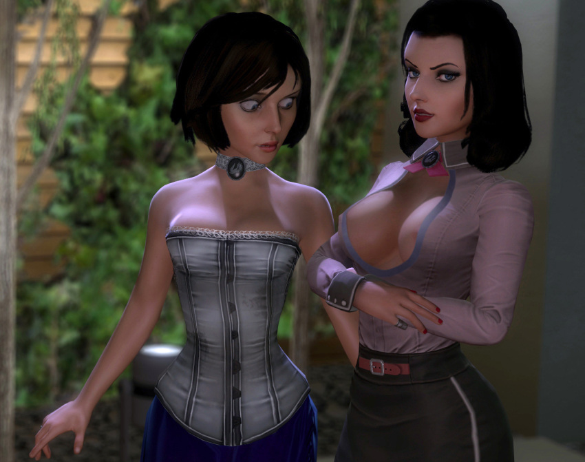 2girls 3d areola_slip areolae bare_shoulders big_breasts bioshock bioshock_infinite black_hair blue_eyes breasts brown_hair burial_at_sea busty cleavage cleavage_cutout corset elizabeth_comstock erect_nipples eyelashes eyeliner eyeshadow female female_focus female_only hourglass_figure large_breasts lipstick long_hair makeup mascara nail_polish nipple_bulge nipples pale-skinned_female pale_skin pinup pose posing rastafariansfm shirt short_hair skirt standing tagme wide_hips