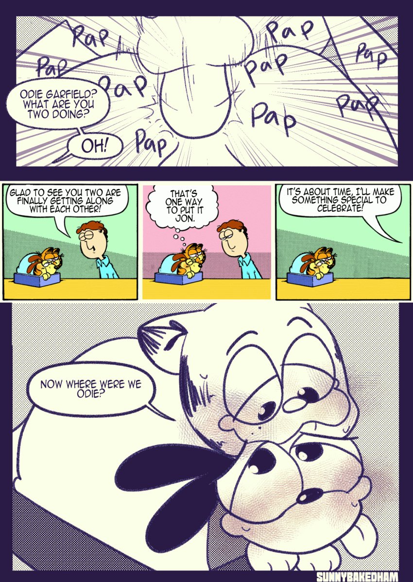 anthro canid canine canis comic domestic_dog english_text garfield_(series) garfield_the_cat genitals hi_res humanoid_genitalia humanoid_penis male male/male mammal odie oral penile penis sex sunnyhoneybone text