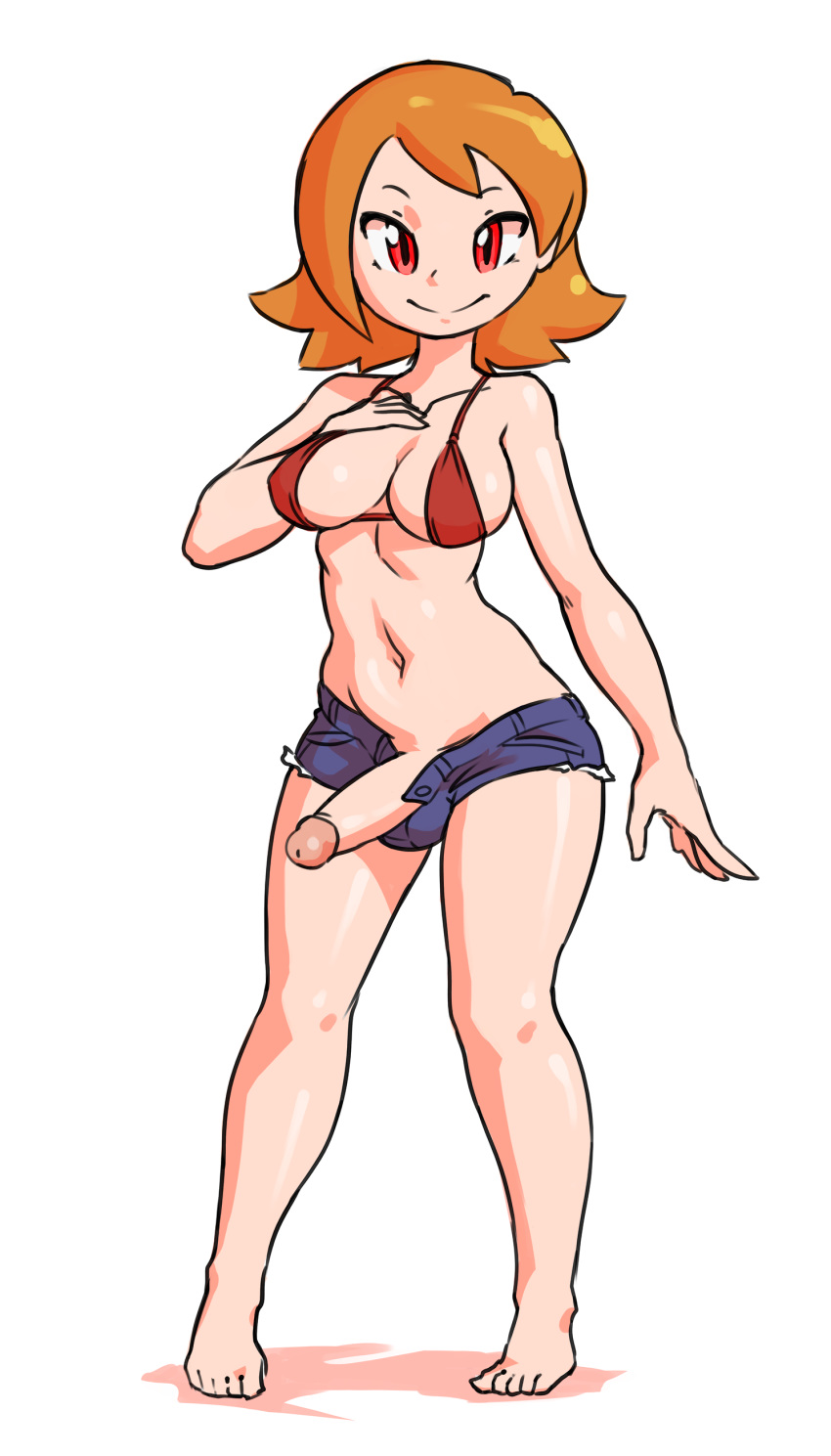 1futa bikini borvar character_request daisy_dukes daisy_dukes_bikinis_on_top futa_only futanari intersex looking_at_viewer orange_hair original original_character pants red_eyes