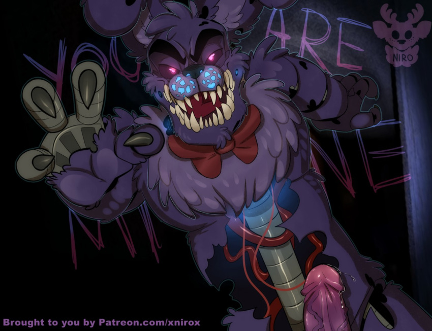 animatronic black_background black_claws blood blue_freckles blue_glow bodily_fluids bonnie_(fnaf) broken bunny bunny_ears claws conditional_dnp english_text five_nights_at_freddy's five_nights_at_freddy's_4 fur genital_fluids genitals glowing glowing_eyes lagomorph leporid machine male_only mammal mine nightmare nightmare_bonnie organs penis pink_eyes precum purple_body purple_ears purple_fur purple_penis rabbit rabbit_ears red_bowtie robot sharp_teeth shiny_claws shiny_penis teeth text vein video_games wires xnirox