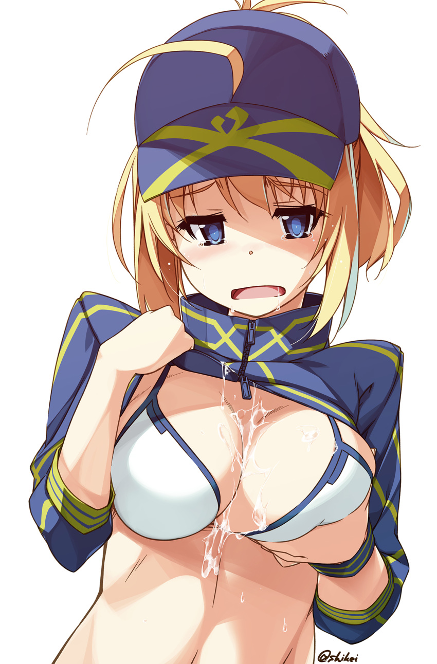 ahoge artoria_pendragon bangs baseball_cap between_breasts bikini blonde_hair blue_eyes blue_headwear blush breasts cleavage commentary_request cum cum_on_body cum_on_breasts cum_on_clothes cum_on_upper_body fate/grand_order fate_(series) female hair_between_eyes hair_through_headwear hat highres large_breasts long_hair looking_at_viewer mysterious_heroine_xx_(foreigner) open_mouth ponytail shikei shrug_(clothing) side-tie_bikini simple_background solo swimsuit tears valentine white_background white_bikini