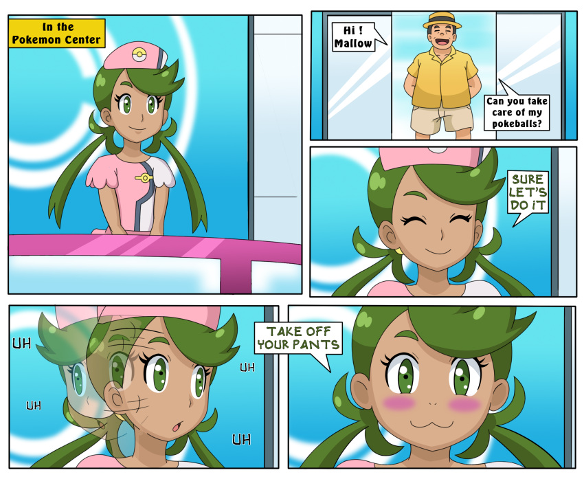 1boy 1girls alternate_outfit breasts comic dark-skinned_female dark_skin female green_eyes green_hair human human_only larger_male long_hair male mallow_(pokemon) nintendo nurse pokemon pokemon_(anime) pokemon_center pokemon_sm satosatori size_difference small_breasts smaller_female text twintails white_border