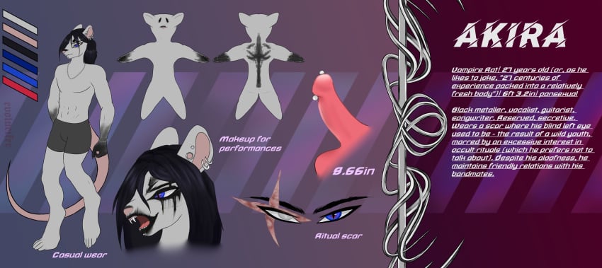 absurd_res alternative_fashion anthro blackmetal collar ear_piercing evolucifer genital_piercing genitals goth hi_res male mammal metal_collar metalhead model_sheet murid murine penis penis_piercing piercing rat reference_image rock rodent scar solo vampire