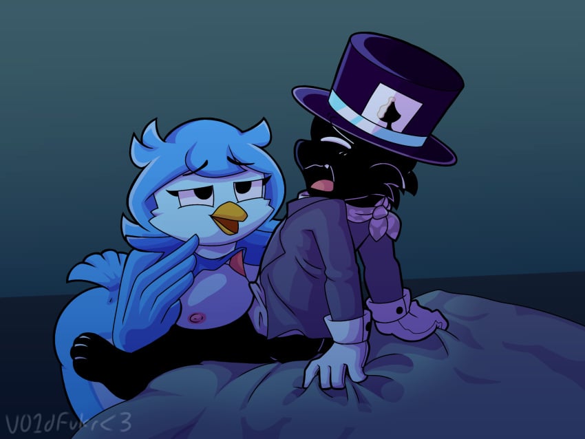 anthro avian bed_sheet bedding bird black_body black_fur blue_body blue_feathers bottomless bottomless_male breast_play breasts clothed clothing domestic_cat duo feathers felid feline felis female fur gloves gradient_background handwear hat headgear headwear hi_res larger_female male male/female mammal martlet_(undertale_yellow) nude nude_female sex shaded simple_background size_difference smaller_male titjob toony top_hat undertale_yellow v01dfvkr