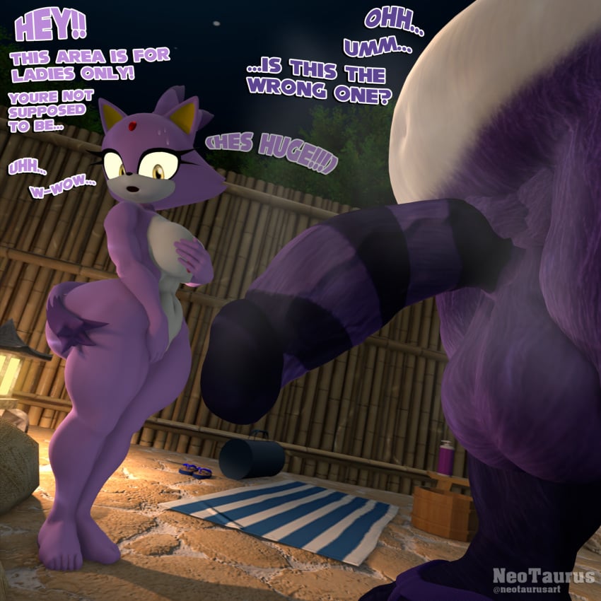3d anthro balls big_balls big_penis big_the_cat blaze_the_cat bodily_fluids breasts clothing covering covering_breasts covering_crotch covering_self digital_media_(artwork) domestic_cat duo felid feline felis female flip_flops footwear genitals hi_res huge_balls huge_cock larger_male male mammal musk musk_clouds neotaurus nervous nervous_sweat night overweight overweight_male penis penis_awe pool sandals sega shoes size_difference smaller_female sonic_(series) sonic_the_hedgehog_(series) sweat sweatdrop text