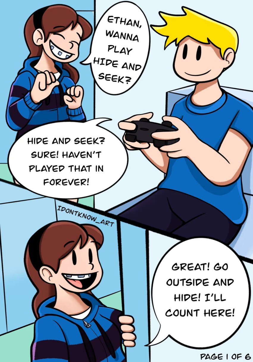 1boy 1girls bowtie braces comic_page emma_(hide_and_seek_extreme) ethan_(hide_and_seek_extreme) female happy hide_and_seek_extreme idontknow_art male page_1 playing_videogame roblox roblox_game robloxian smiling source_request sweater tagme