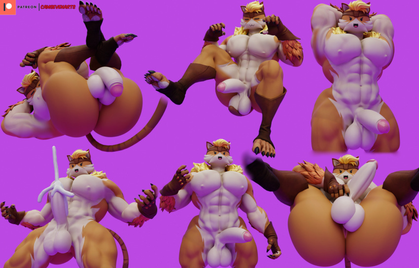 2024 3d 5_fingers 5_toes :3 abs accessory anthro anus balls big_pecs black_claws black_eyes blonde_hair blonde_mane bodily_fluids brown_clothing brown_gloves brown_handwear brown_headband brown_legwear camseven cheek_tuft circumcised claws closed_eyes clothing cum digital_media_(artwork) domestic_cat ejaculation empty_eyes english_description epic_games erection facial_tuft fangs feet felid feline felis fingerless_gloves fingers fortnite front_view fur genital_fluids genitals gloves hair hands_behind_back handwear headband hi_res humanoid_genitalia humanoid_penis legwear lying male mammal mane meowtooth mouth_closed multicolored_body multicolored_fur multiple_poses muscular muscular_anthro muscular_arms muscular_legs muscular_male on_back open_mouth orange_body orange_fur pecs penis penis_grab pink_anus pose purple_background simple_background sitting sketch_page solo standing tail teeth toes tuft white_body white_fur