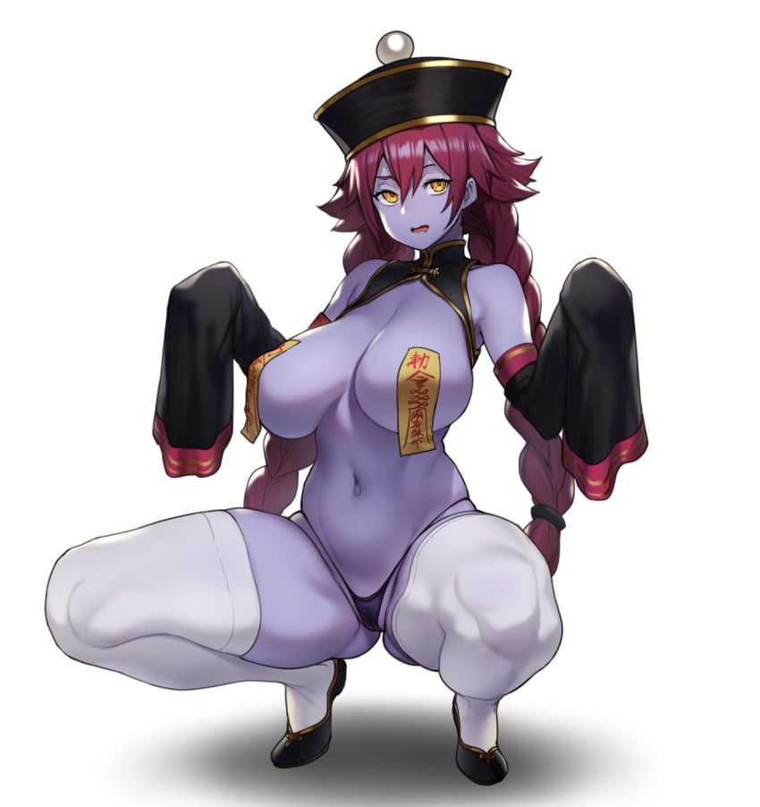 1girls big_breasts black_g-string breasts cleavage female female_only flat_shoes flats g-string jiangshi large_breasts looking_at_viewer panties solo spread_legs thick_thighs thighhighs