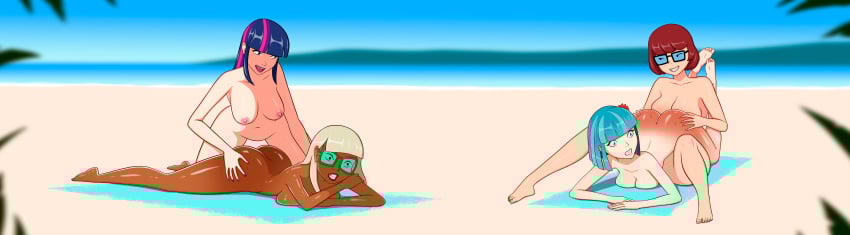4girls anoneysnufftan applying_sunscreen ass beach beach_towel blue_hair blurry_background breasts brown_hair coco_diablo coco_pommel_(mlp) dark-skinned_female dark_skin embarrassed embarrassed_nude_female female female_only friendship_is_magic glasses humiliation imminent_death killer_lotion long_hair lotion massage murder my_little_pony nail_polish nipples nude nude_beach ocean oil oiled peril platinum_blonde_hair punishment purple_hair rubbing sand scooby-doo shiny_skin short_hair sinfulline snuff summer sunbathing sunscreen towel twilight_sparkle_(mlp) velma_dinkley