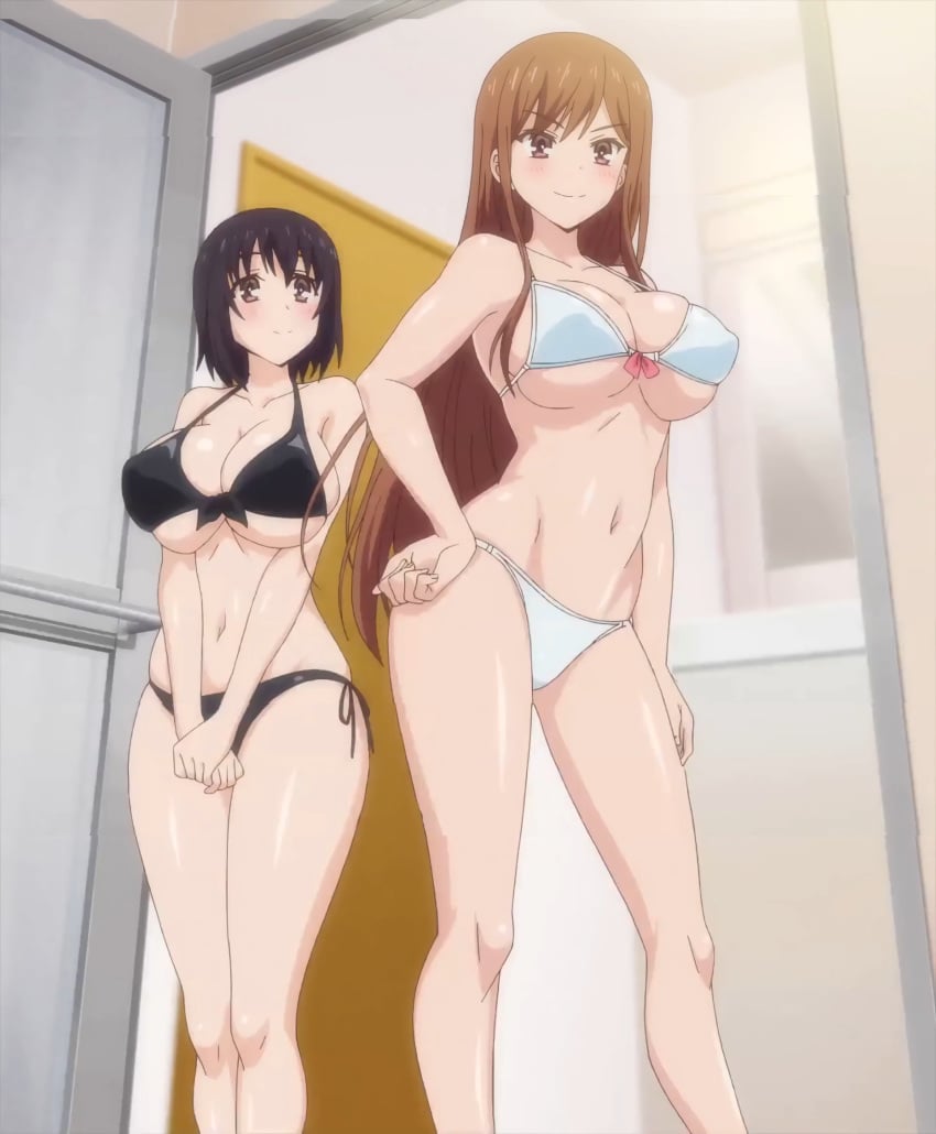 2girls ass bikini black_bikini black_hair black_swimsuit blush breasts brown_hair cleavage curvaceous female hand_on_hip high_resolution huge_ass huge_breasts kotone_shirakawa large_breasts long_hair multiple_girls official_art overflow_(series) partially_clothed screencap screenshot shirakawa_ayane short_hair siblings swimsuit thighs white_bikini white_swimsuit wide_hips