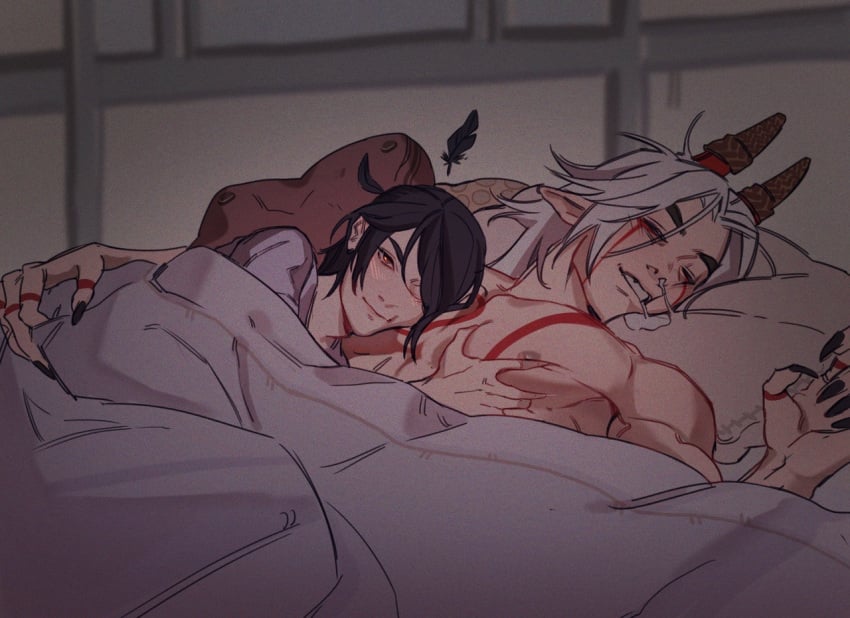 1boy 1girls after_sex arataki_itto black_nails buff buff_male darwh drool drooling feathers female genshin_impact grope groping groping_chest groping_pecs head_on_chest horns in_bed kujou_sara male male/female muscular muscular_male oni_horns pec_grab pec_squeeze sharp_nails shirtless shirtless_male sleeping sleeping_male straight tired_male white_hair