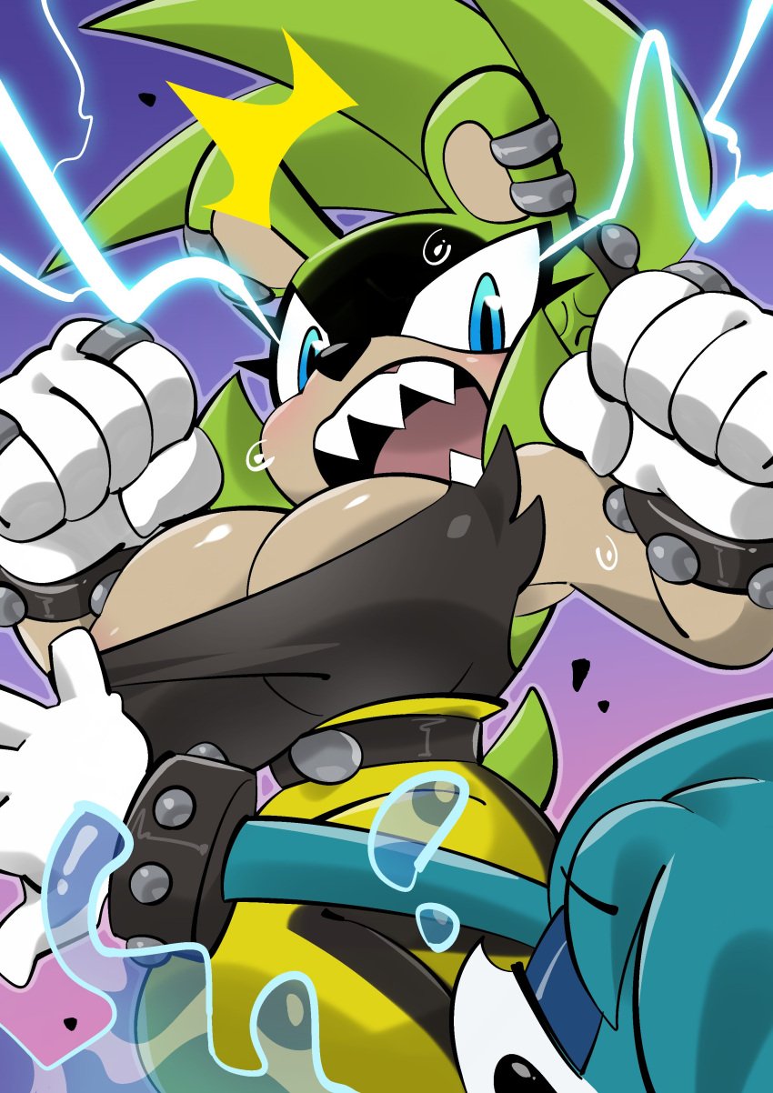 1boy 1girls big_breasts breasts convenient_censoring electricity female furry green_fur green_hair kitsunami_the_fennec looking_at_viewer male pircing sega sonic_(series) sonic_the_hedgehog_(series) surge_the_tenrec