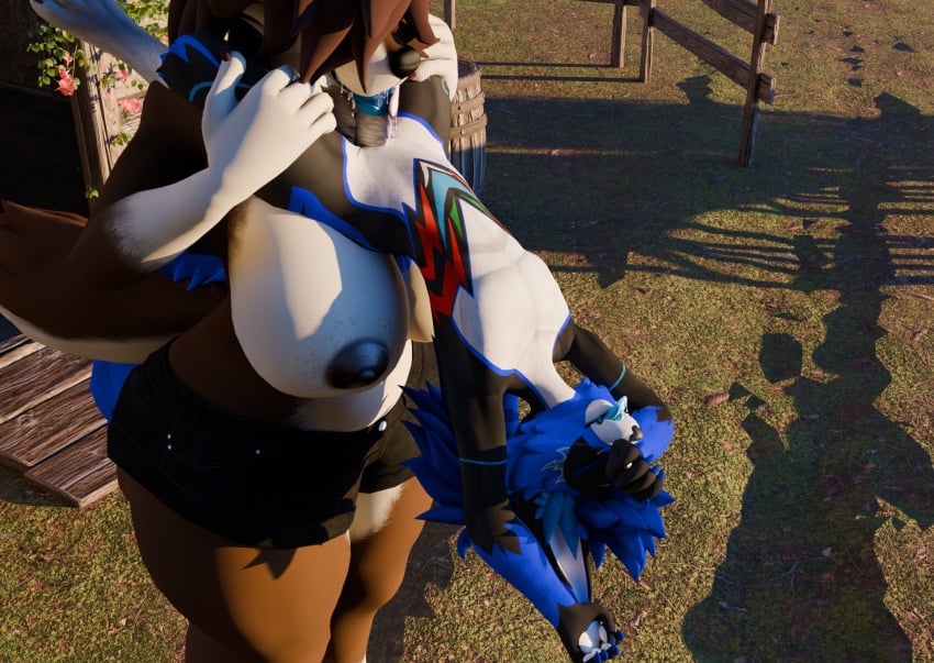 3d anthro aussie_toaster balls big_breasts blender_(artwork) bodily_fluids breasts canid canine clothing digital_media_(artwork) drooling duo erection female fur genitals hair hi_res male male/female mammal nipples novabeast nude oral penis saliva simple_background sparker_fluxer_(character) tongue tongue_out viccy_(character)
