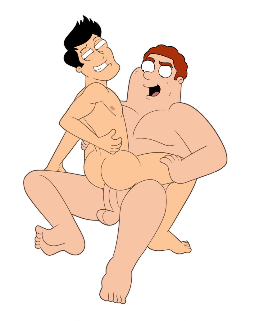 2boys american_dad anal_penetration anal_sex ass balls black_hair brown_hair cowgirl_position erect_penis full_body gay iyumiblue legs_held_open looking_at_penis looking_back mertz mouth_open nude pleasure_face receiving_on_top sitting_on_penis spread_legs vince_chung white_background yaoi