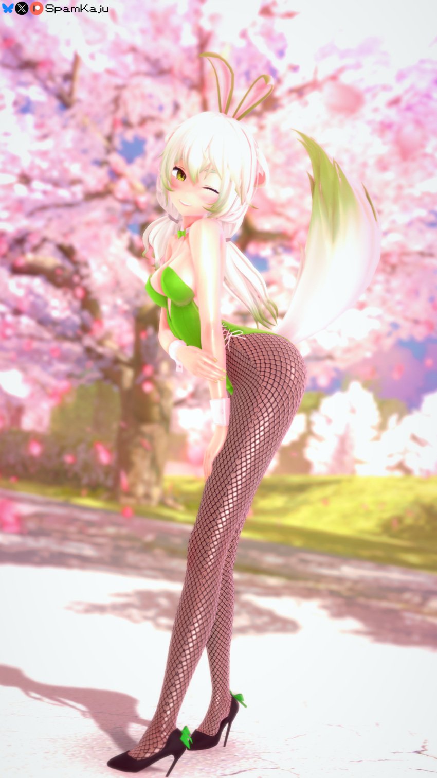 1girls animal_ears ass ass_focus breasts bunny_girl bunnysuit cherry_blossoms cleavage female female_focus female_only ferret_girl fishnets green_clothing green_eyes green_hair green_nails indie_virtual_youtuber laimu leaning_forward legs looking_at_viewer outdoors petals petite public small_breasts smile spamkaju tail thick_thighs thighs tree twintails two_tone_hair virtual_youtuber vtuber white_hair wink