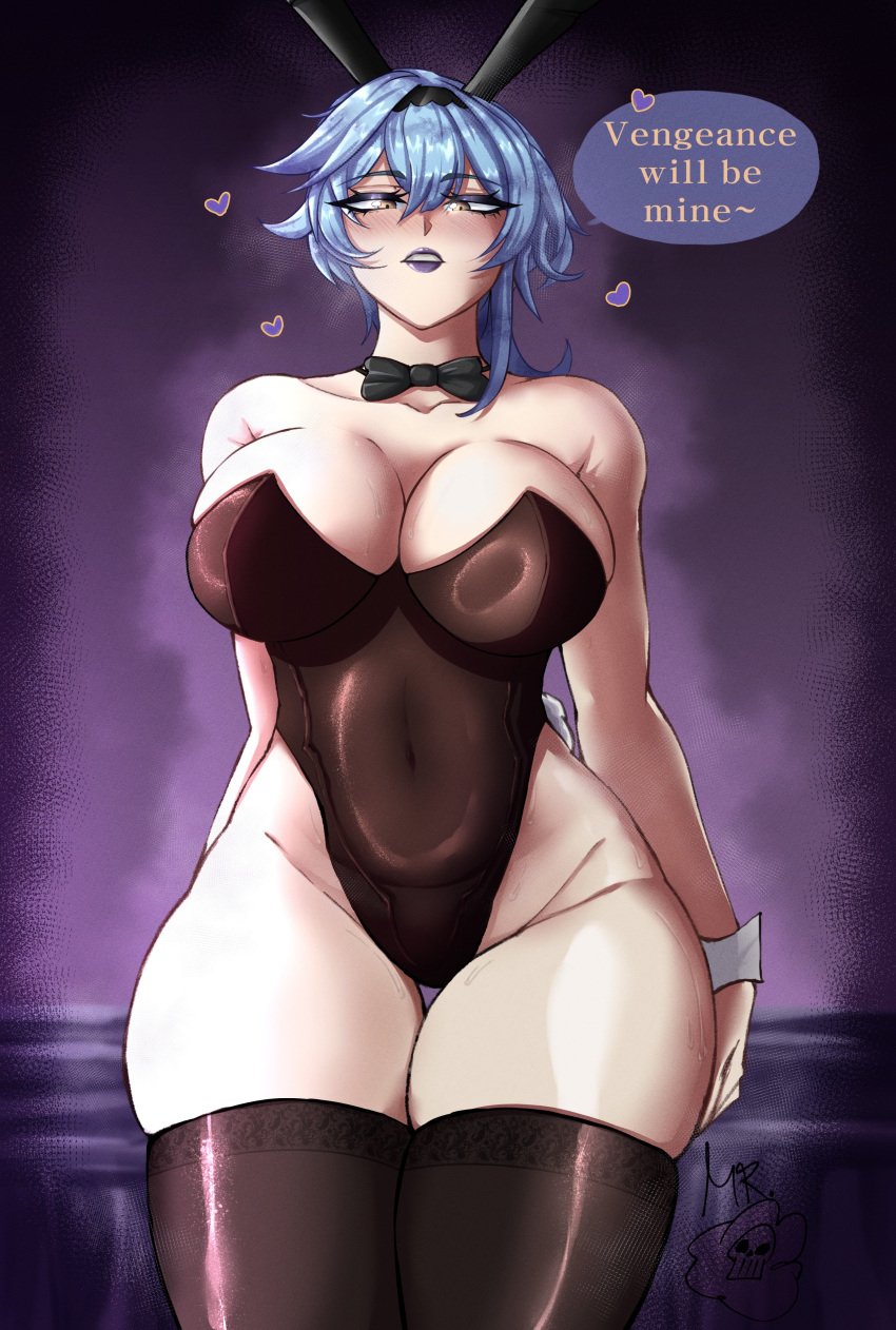 1girls absurd_res alternate_version_available breasts bunny_ears bunny_tail bunnysuit deadcloud english_text eula_(genshin_impact) female female_focus female_only genshin_impact hi_res large_breasts light-skinned_female light_skin looking_at_viewer solo standing text thick_thighs thighs wide_hips