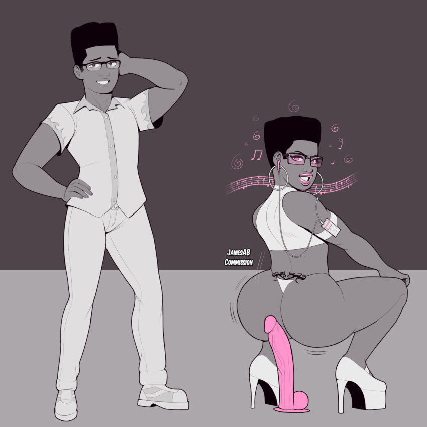 1boy ass ass_expansion bedroom_eyes before_and_after big_ass bikini_bottom black_hair commission crossdressing dancing dark-skinned_femboy dark-skinned_male dark_skin dazed digital_media_(artwork) dildo earbuds earrings femboy feminization flattop girly glasses glowing glowing_eyes grey_background happy_trance hi_res high_heels high_resolution highres humiliation hypnosis hypnotic_music jamesab lipstick looking_at_viewer male male_focus male_only malesub mind_control original original_character pants pink_eyes pink_lips pink_lipstick sex_toy short_hair signature simple_background sissification smile sneakers solo solo_male spiral spiral_eyes squatting standing tramp_stamp