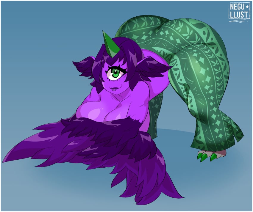 1_eye 1_horn absurd_res ass big_breasts big_butt border breasts cleavage clothed clothing feathered_wings feathers feet female flare_pants green_eyes green_horn hair head_wings heketa_(deathwing_vt) hi_res horn horned_humanoid humanoid monoeye negullust purple_body purple_hair purple_people_eater purple_skin short_hair solo talons toes topless unusual_wing_placement white_border winged_arms winged_humanoid wings