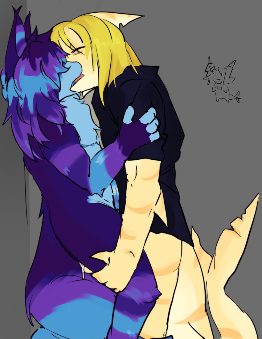 anal anal_sex anthro anthro_shark anthropomorphic arm_fins blonde_hair blonde_hair_male blonde_male blue_fingers blue_penis blue_scar blue_tongue consensual cum cum_drip daideneri eye_bags eyes_closed fan_design feline fin fins fish french_kiss furry gay gay_sex gray_shirt grey_shirt half-dressed holding_onto_thigh holding_thigh jacket kissing kissing_while_penetrated leather_jacket long_hair long_tail male male/male male_only marine mastectomy_scar mickey_the_dick multicolored_fur multicolored_penis ocxcanon pantsless penis pinned pinned_to_wall purple_fur scar scars sex shark shark_fin shark_furry shark_man shark_tail striped_body stripes stripes_(marking) tagme tongue_kiss top_surgery_scars trans_male trans_man transgender wacky_game_jokez_4_kidz yellow_hair yellow_hair_male yellow_scales yellow_skin