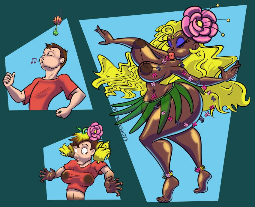 bimbo bimbofication breasts coconut_bra dark_skin ebonization gender_transformation genderbent genderswap_(mtf) huge_ass huge_breasts hula_dancer hula_girl hula_skirt identity_death male male_to_female race_swap rule_63 thick_thighs toonification toony tunavision wide_hips