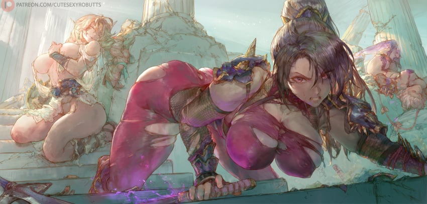 3girls ass aura bare_shoulders blonde_hair braid braided_hair cleavage column cutesexyrobutts defeated female fishnets functionally_nude gauntlets hand_covering_breasts hand_on_breast high_resolution highres huge_ass huge_breasts isabella_valentine landscape large_ass large_breasts long_hair looking_at_viewer nipple_bulge nipples_visible_through_clothing oni ponytail ripped_clothing ruins short_hair shoulder_armor shoulder_pads sophitia_alexandra soul_calibur soul_calibur_iv sword taki tattered_clothing thick_thighs thighs whip white_hair