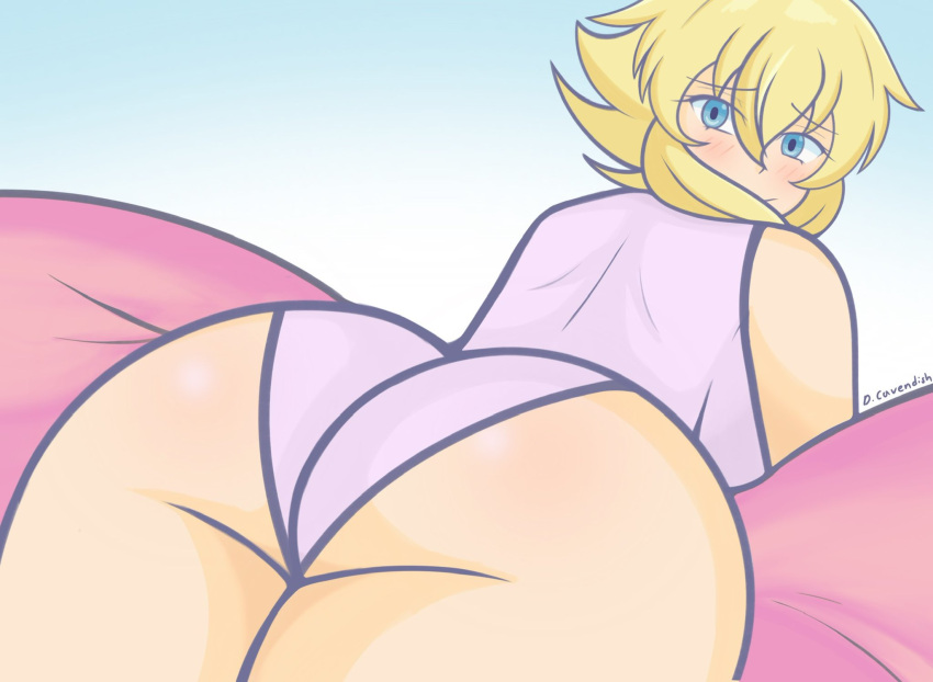 ass ass_focus back_view big_ass big_butt blue_eyes butt_focus cavendizh clothing female female_focus female_only looking_at_viewer original original_character short_hair yellow_hair