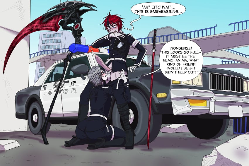 2boys armband belt big_ass big_penis boots car city cityscape detailed_background dialogue eito_aotsuki eye_makeup eye_markings face_in_crotch first_porn_of_character full_color gay glasses kiahl lobsterkiahl long_penis male multicolored_hair on_knees precum rubbing_bulge scythe shooting_cum soul sword takumi_sumino the_hundred_line_-last_defense_academy- uniform weapons white_hair yaoi