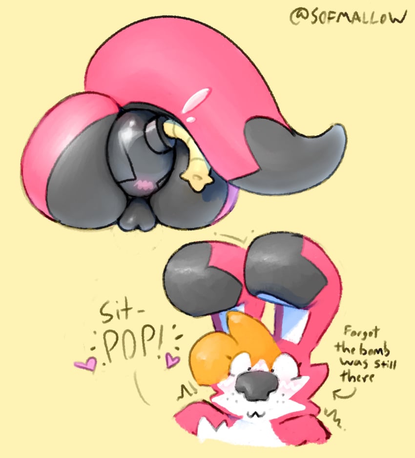 2024 absurd_res anal anal_vore animate_inanimate anthro ass big_butt black_tail_tip blush bomb bomberman closed_eyes digital_drawing_(artwork) digital_media_(artwork) dipstick_tail duo english_text explosives female freckled_face freckles genitals heart_symbol hi_res konami liliko_(sofmallow) louie_(bomberman) markings pink_body pink_tail pussy rear_view sequence signature sofmallow sound_effects tail tail_markings text vore