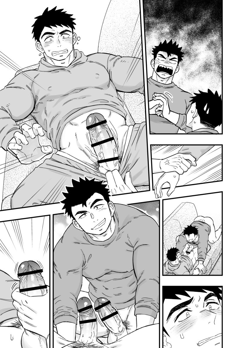 2boys abs all_fours angry balls bara big_balls big_breasts big_penis black_and_white black_hair blank_eyes blush bottomless breasts brother brothers censor_bar censored censored_penis clenched_hand clenched_teeth clothed draw_two embarrassed erect_nipples erect_nipples_under_clothes erection eyelashes foreskin foreskin_folds frenulum frown gay grabbing_wrists greyscale grin handjob hi_res holding_penis hoodie huge_cock indoors looking_at_another lying lying_on_back lying_on_sofa male male_breasts male_only mature_male monochrome muscles muscular muscular_male nipples_visible_through_clothing open_mouth oppai original original_character pants_down pecs penis pointless_censoring pubic_hair sanpaku sequential short_hair small_pupils smirk thick_eyebrows thick_penis uncircumcised veiny_face veiny_penis wide_eyed yaoi