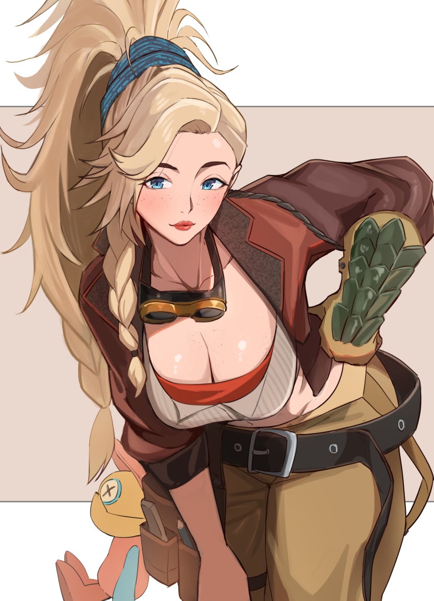absurdres belt blonde_hair blue_eyes bra breasts brown_background brown_pants brown_vest cleavage collarbone cowboy_shot female freckles gemma_(monster_hunter_wilds) goggles goggles_around_neck grey_shirt high_ponytail highres large_breasts long_hair monster_hunter_(series) monster_hunter_wilds navel oruru63100814 pants ponytail red_bra shirt simple_background solo underwear very_long_hair vest white_background